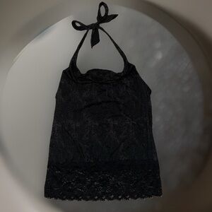Unique Vintage Vanity Black Halter W/Silver Sparkle Dots Drape front Lace Trim